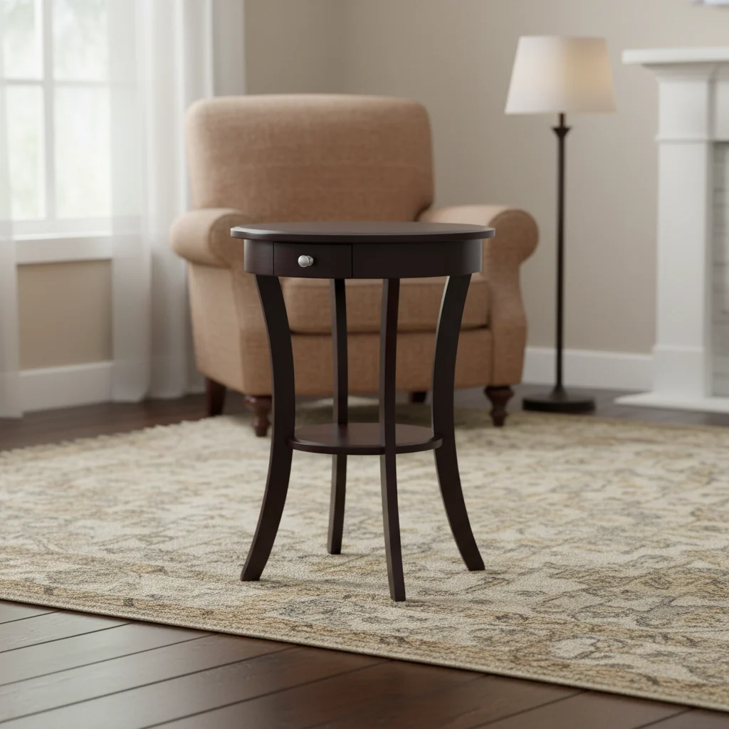 Round Accent Side Table with Drawer and Storage Shelf