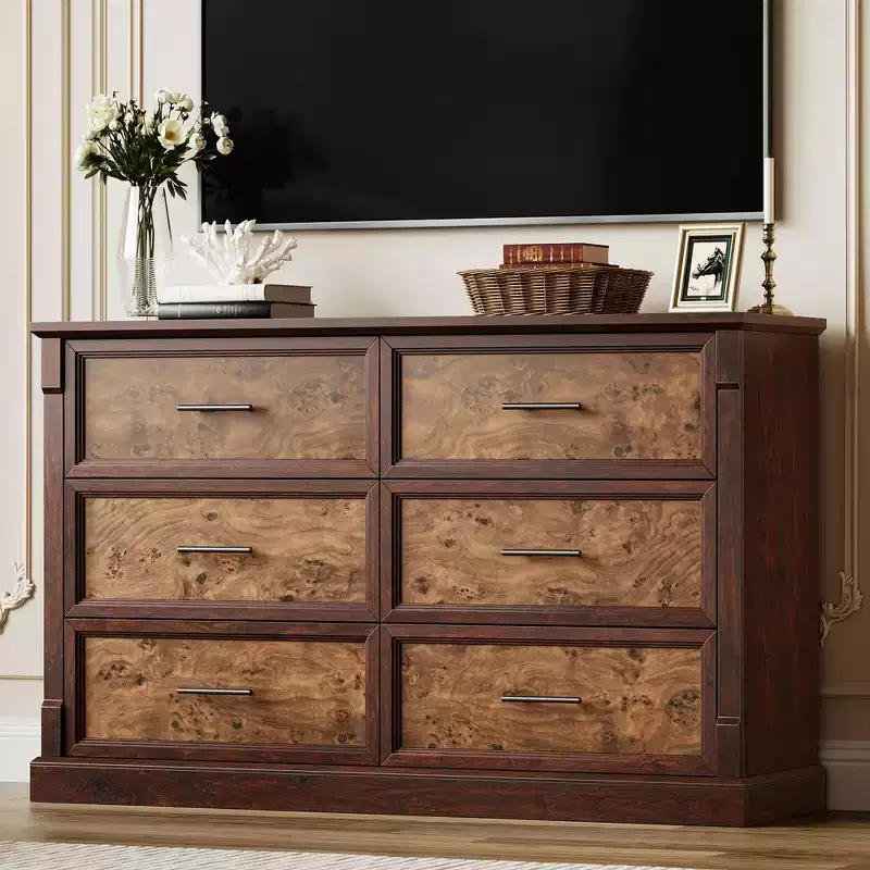 Farmhouse 6 Drawer Dresser for Bedroom, Wood Chest of Drawers with Metal Handles, Large Double Dresser TV Stand, Storage Dressers Organizer