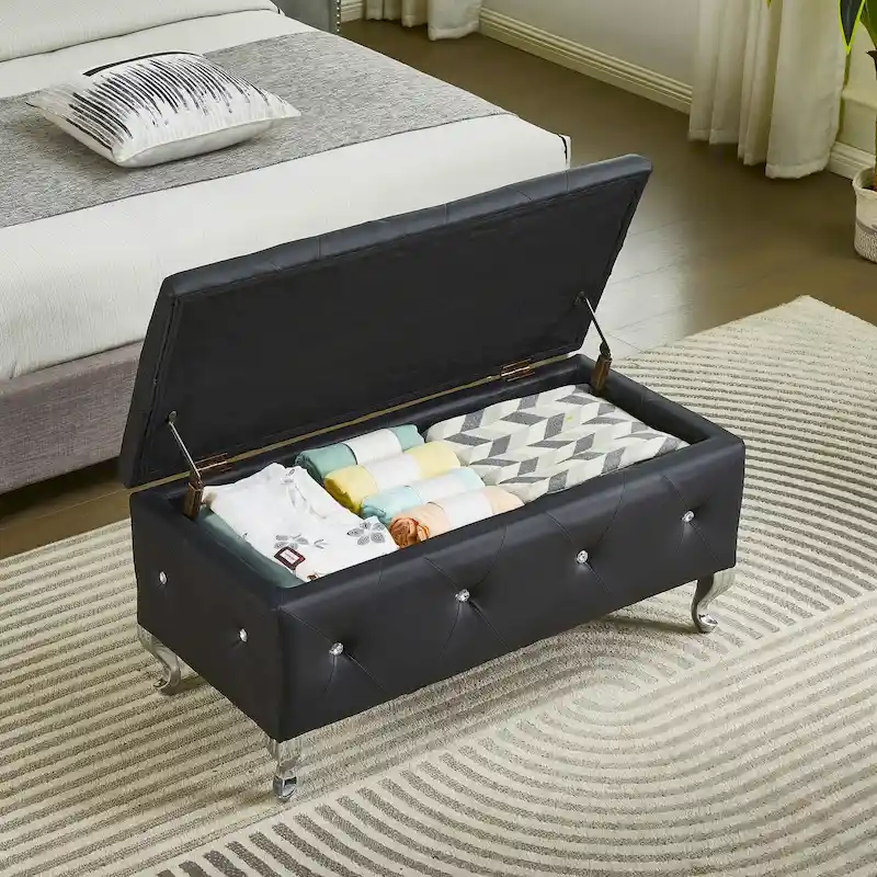 Upholstered Rectangular Storage Ottoman Bench with Crystal Button Tufting