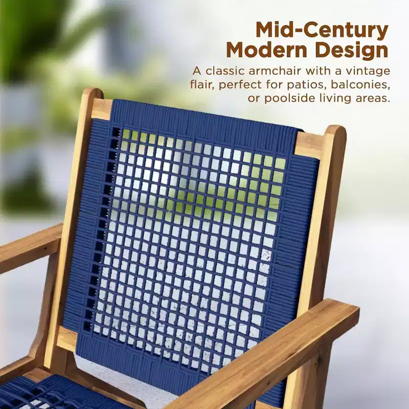 Balkene Home 63634 Vega Natural Stain Outdoor Chair  Acacia Wood, Woven Web Seat, Mid-Century Reclining Armchair for Patio, Garden, Deck  Navy Blue