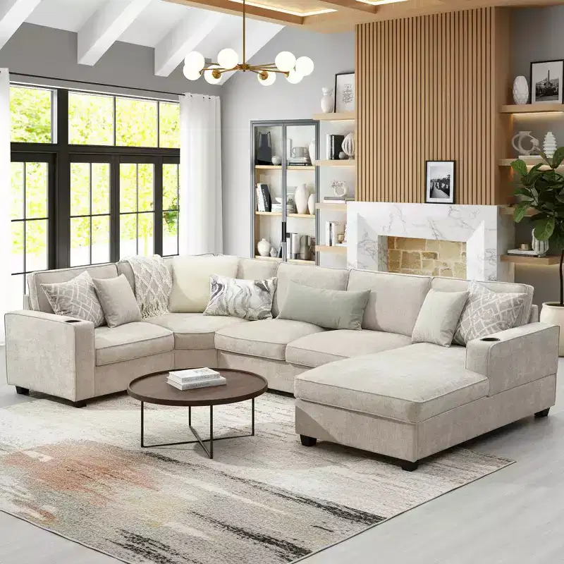 Polibi 6-Seat U-Shaped Chenille Sectional Sofa with Oversized Chaise