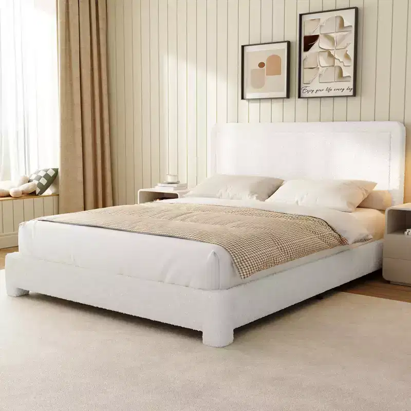Upholstered Boucle Platform Bed Frame with Adjustable Headboard, Soft Rounded Corners