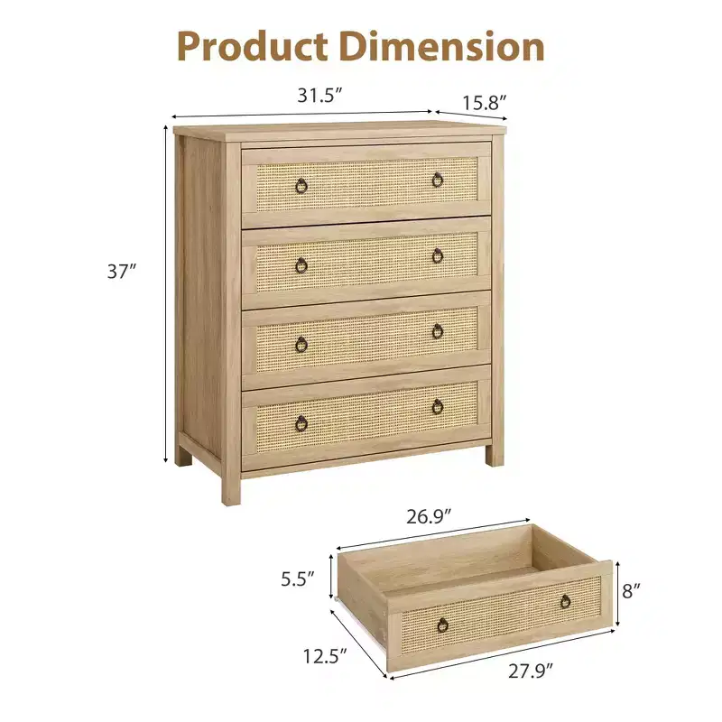 Rattan Dresser for Bedroom, 4/5-Drawer Tall Chest with Natural Woven Fronts, Freestanding Clothes Storage Cabinet for Living Room, Hallway