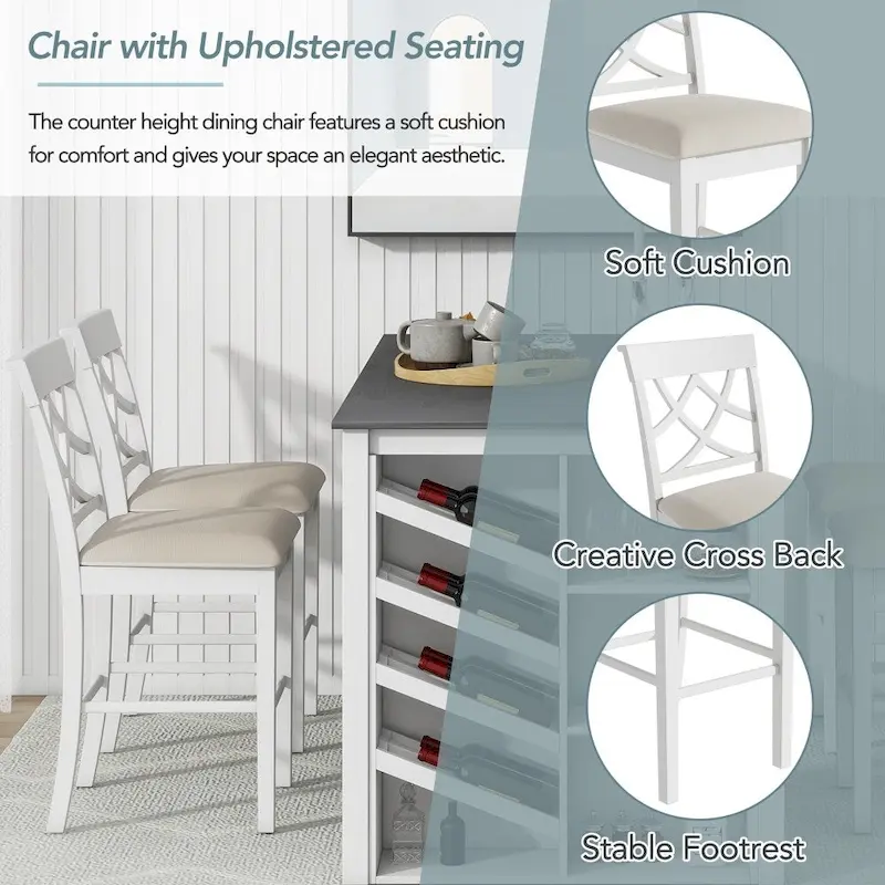 Counter Height 5-Piece Dining Set with Wine Rack, 4 Upholstered Chairs