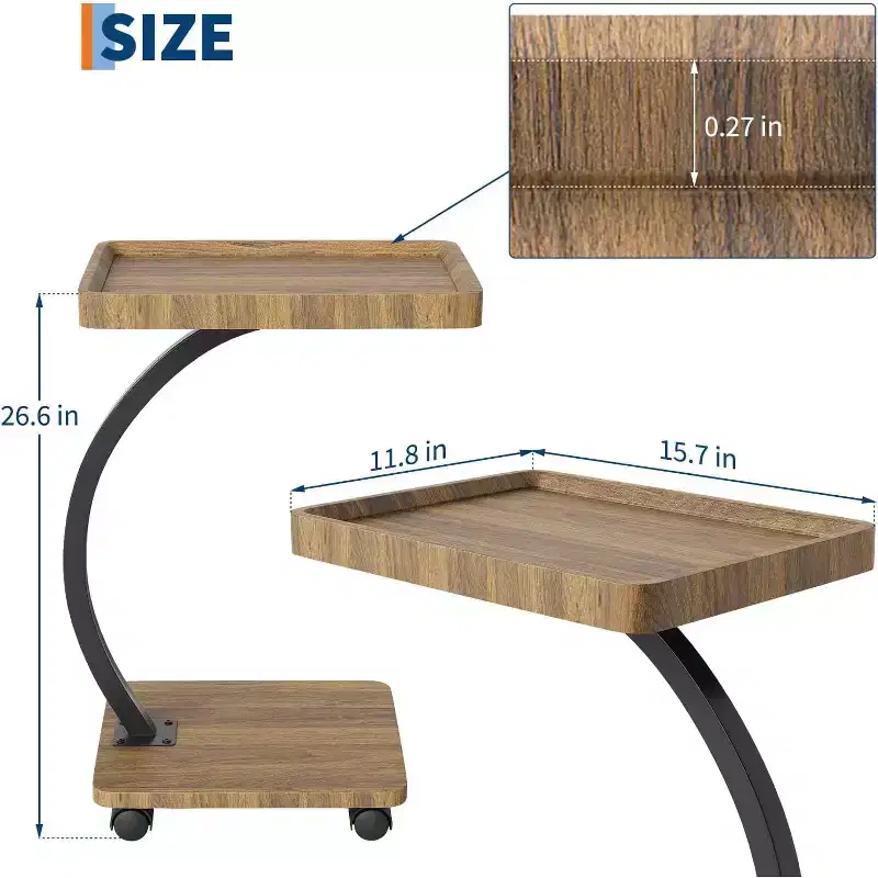 CuisinSmart Side Table with Rolling Wheels, Sofa Couch Arm Table, Tv Tray, Small Bed Stand, C Shaped End Tables for Living Room, Bedroom, Bedside