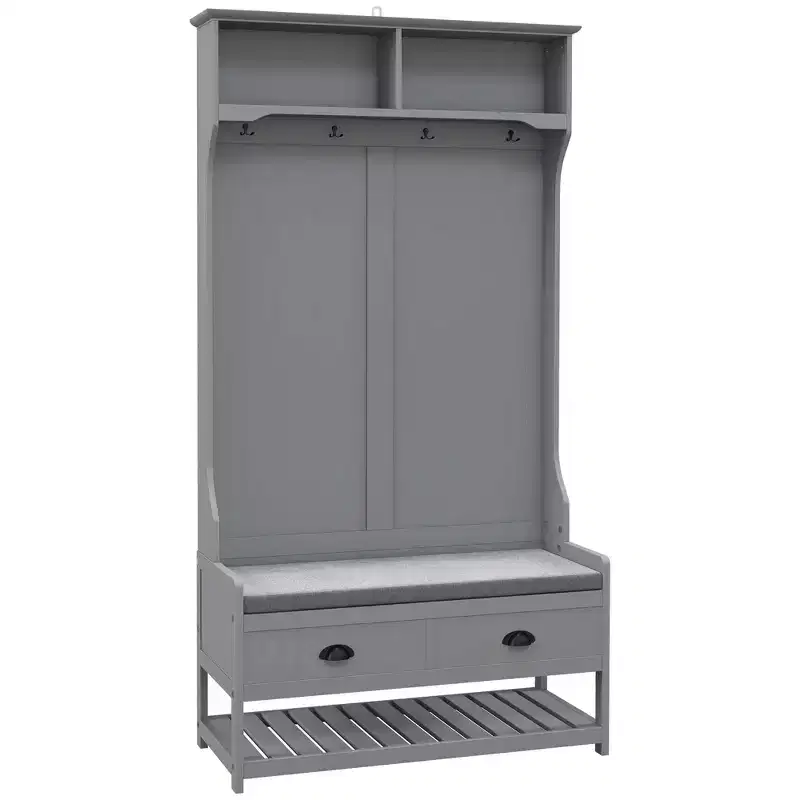 Coat Rack and Bench Hall Tree Organizer with 4 Hooks, 2 Drawers with Padded Seat Cushions for Entryway