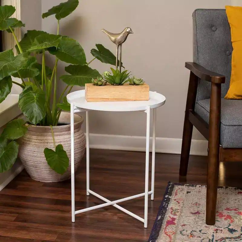 Ivory Metal Folding Side Table with Removable Tray