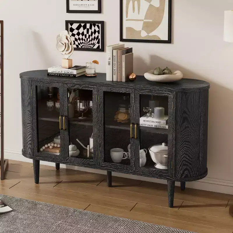 Farmhouse Sideboard Cabinet with Storage, Wood Buffet Cabinet with Glass Doors and Adjustable Shelves