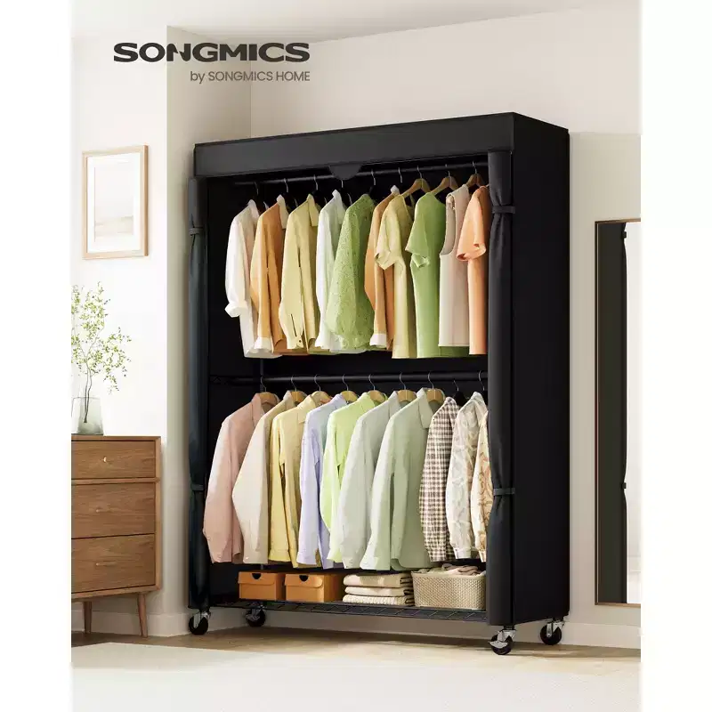 SONGMICS Heavy-Duty Rolling Clothes Rack, Portable Closet with Wheels, with Adjustable Mesh Shelves and Hanging Rails, Fabric Cover, Ink Black