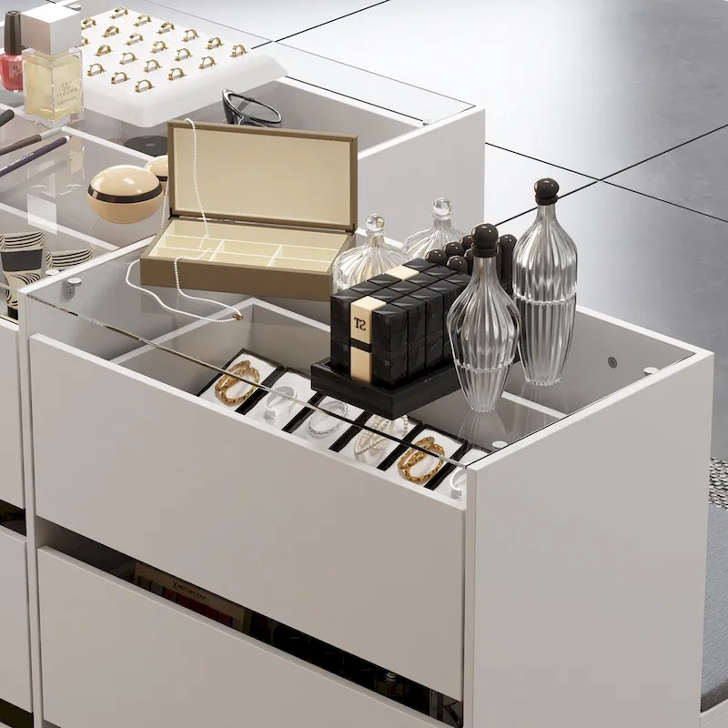 Glass Cosmetic Cabinet with Drawers and Shoe Shelves