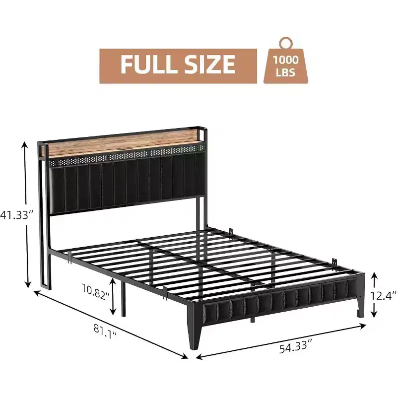 LED Platform Bed Frame with Charging Station & Storage Headboard, No Box Spring Needed