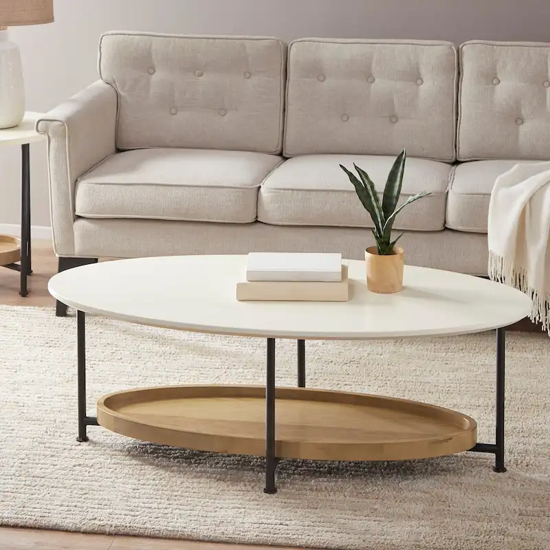 Oval Coffee Table with White Top and Natural Shelf