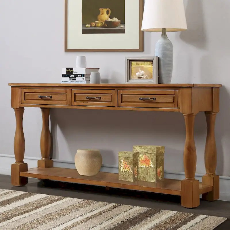 Solid Wood Console Table with 3 Drawers and Bottom Shelf - 63W