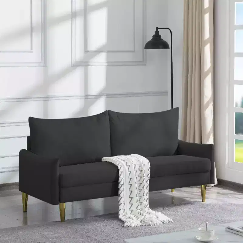 67 Modern Loveseat - Curved Arms & Back, Removable Washable Back Covers, Gold Metal Legs