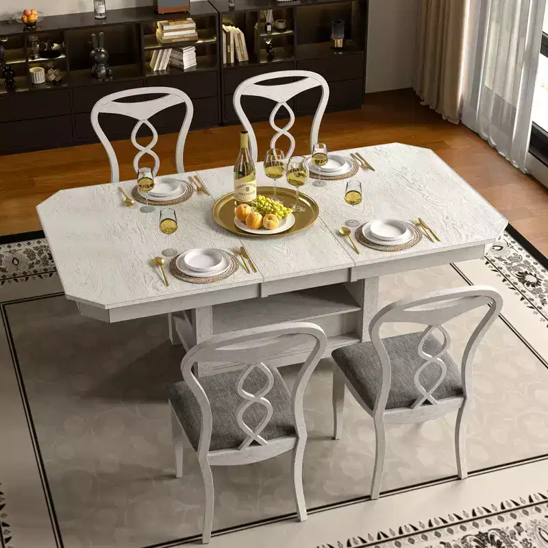 VECELO 5/7 Piece Extendable Dining Table Set, Rubber Wood Table with 4/6 Armless Upholstered Dining Chairs for Kitchen, Gray