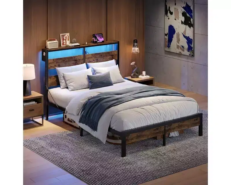 Bestier Twin Bed Frame with LED Lights & Charging Station - High Headboard, Under-Bed Storage, Noise-Free, Easy Assembly
