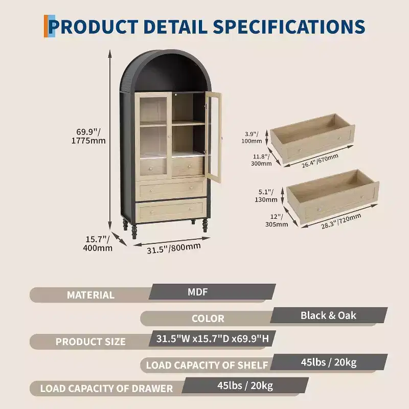 Kitchen Pantry Cabinet, Arched Bookshelf Bookcase China Pantry Storage Cabinet with Drawers Doors, 70Tall Food Pantry for Living Room, Dining Room