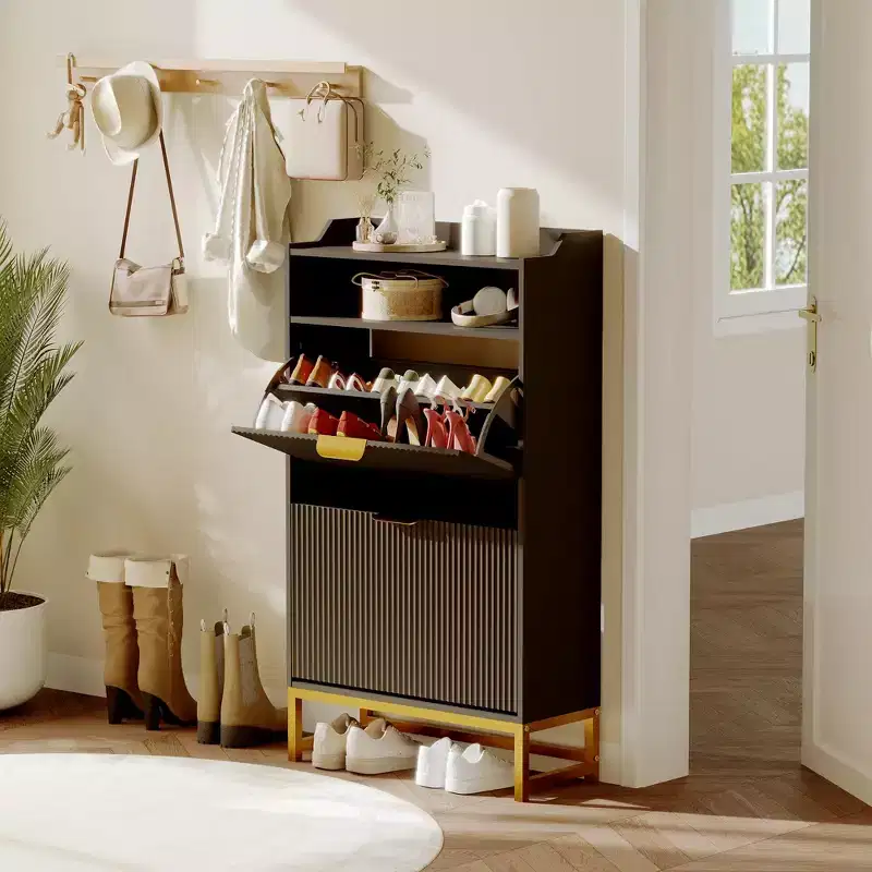Fluted Shoe Cabinet  2-Flip Drawer & Open Shelf Entryway Organizer for Hallway/Foyer