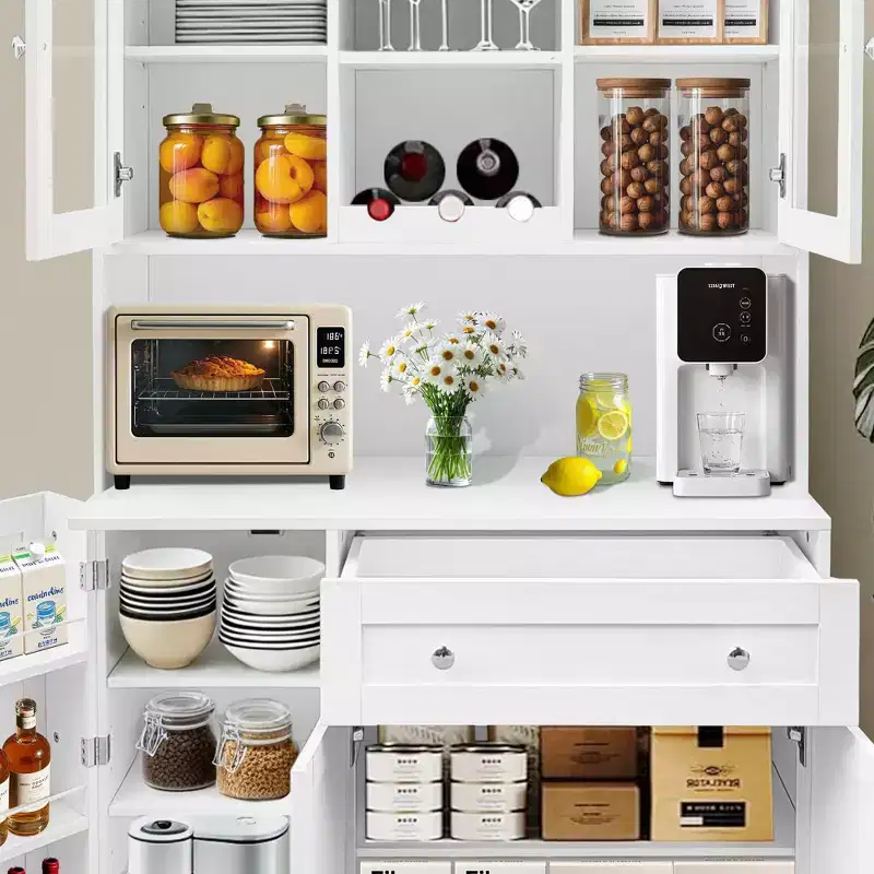 68 Inch Kitchen Pantry Cabinet, Freestanding Kitchen Hutch Cabinet with Wine Rack, Drawer and Door Shelves