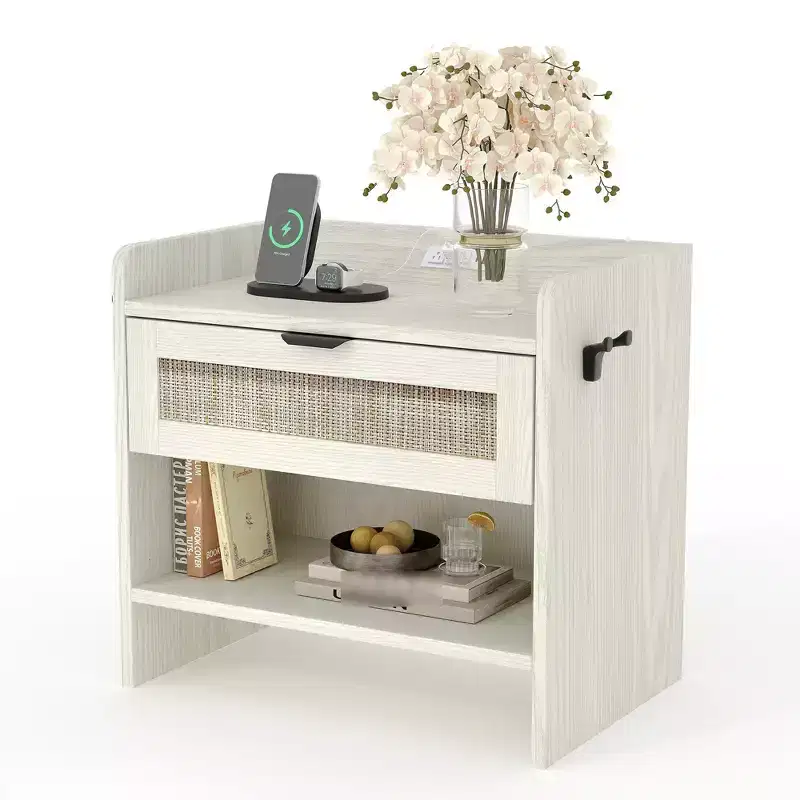 Rattan Nightstand, Bedside Table, 1 Storage Drawer & Open Storage Space, Boho End Table Side Table for Bedroom Living Room Office, Large Night Stand