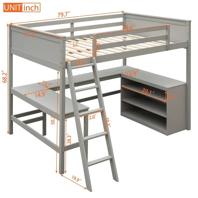 Full Size Loft Bed with Shelves and Built-in Desk, Metal Frame, Space-Saving Design