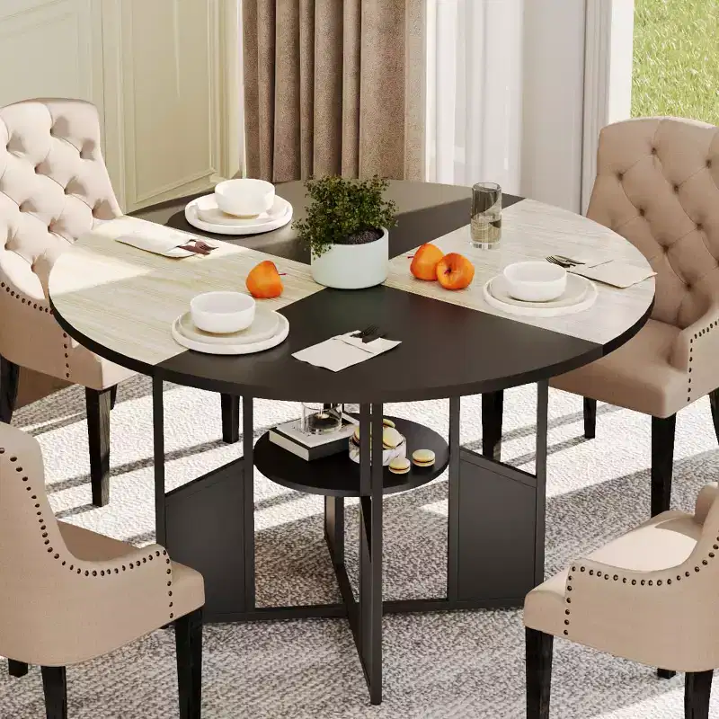 Round Dining Table for 4-6, 59 Kitchen Table with Storage Shelf, Circular Dinner Table with Base, Wooden Breakfast Table, No Chairs