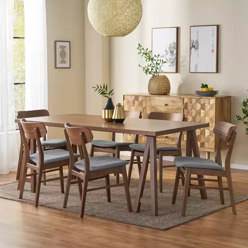 GDFStudio Alexis Mid Century Modern 7 Piece Fabric and Upholstered Rubberwood Dining Set