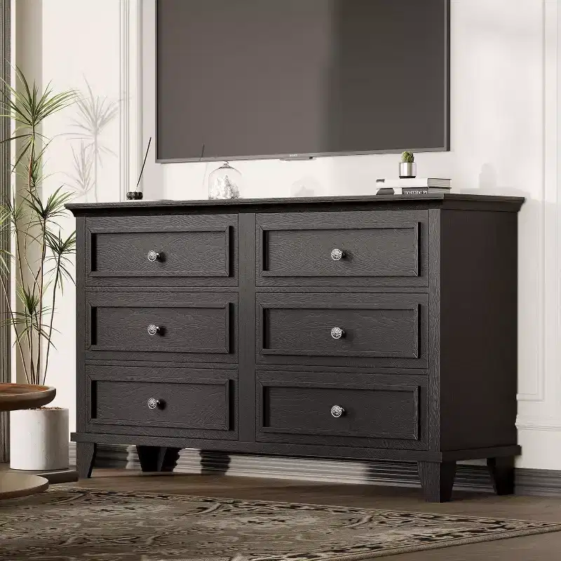 6 Drawer Dresser, Wooden Storage Chest of Drawers with Metal Handles, Modern Wide Dresser TV Stand, for Bedroom, Living Room, Entryway