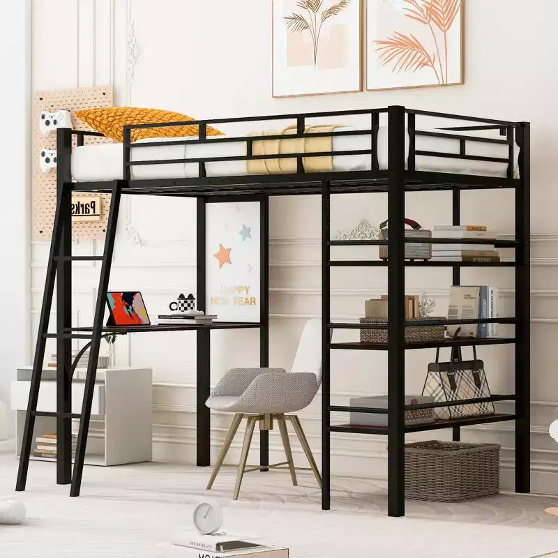 Twin Size Loft Metal Bed with 3 Layers of Shelves and Desk, Metal Frame Bed for Bedroom