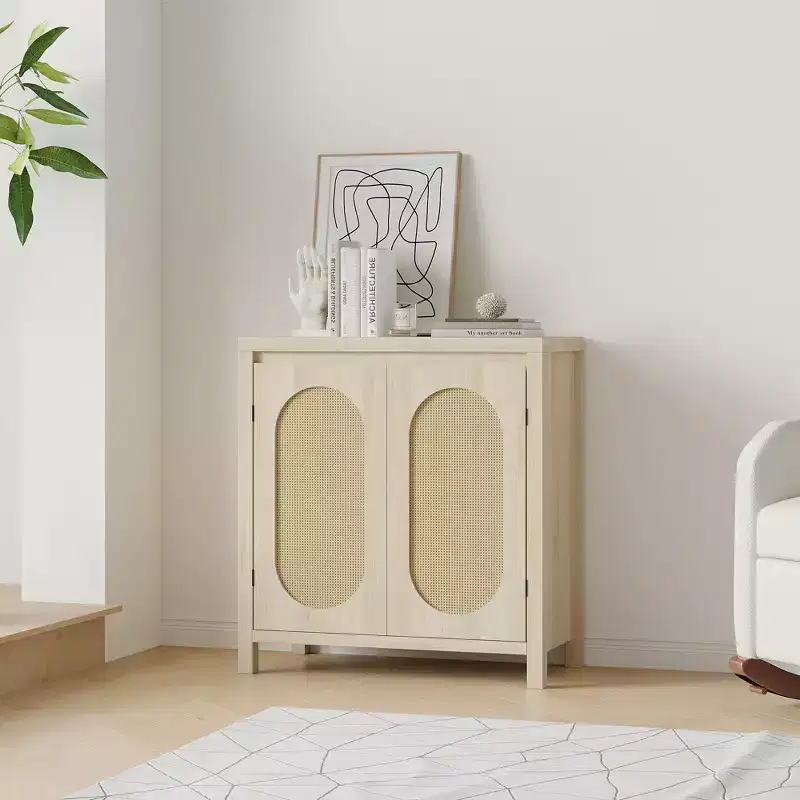 Wood Coffee Bar Cupboard Console Table with Doors and Shelves,2-Door Rattan Storage Cabinet for Hallway, Entry, Living Room