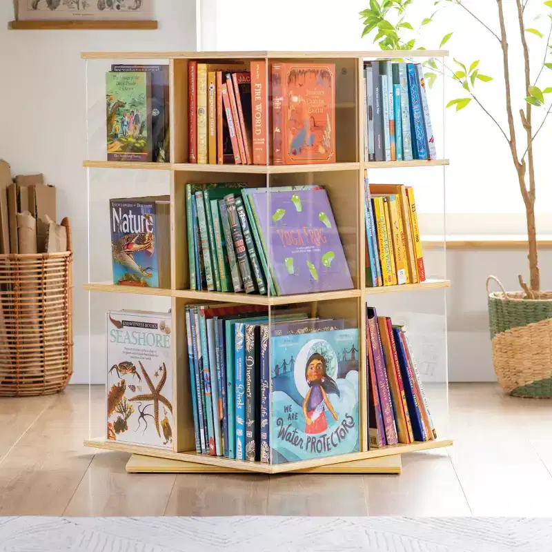 EdQ Rotating Big Book DisplayWhite: 3-Tier Kids Bookshelf for Classroom Storage, Book Organizer with Acrylic Shelves for Homeschool Organization