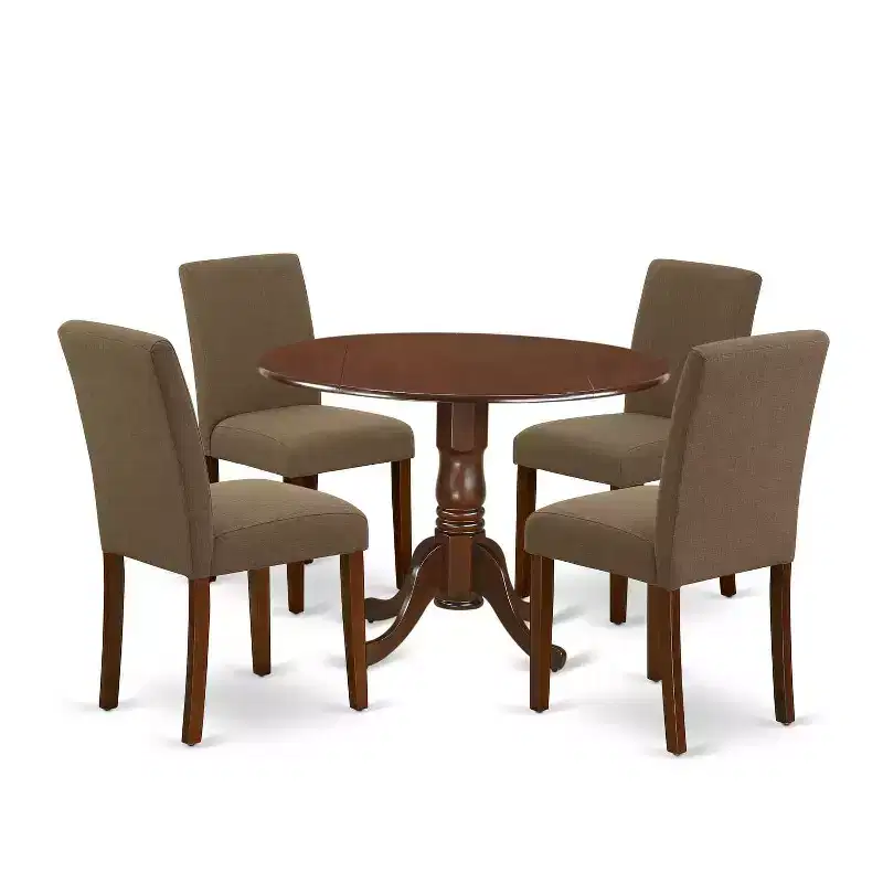 Round Kitchen Table Set 5pc 42 Table w/ Drop Leaves & 4 Parsons Chairs - Linen Fabric