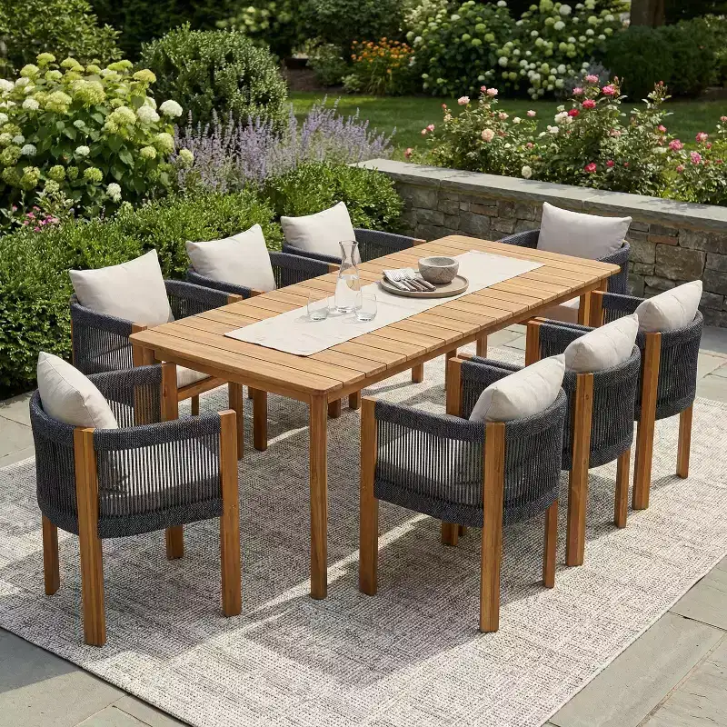 Christopher Knight Home Juan Modern 9 Piece Patio Acacia Dining Set with Slatted Table and Rope Design