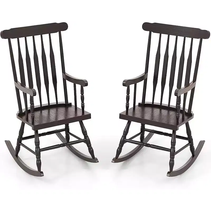 Gymax 2PC Durable Solid Wood Rocking Chair with Glossy Finish Suitable for Both Indoor and Outdoor Use on Porches