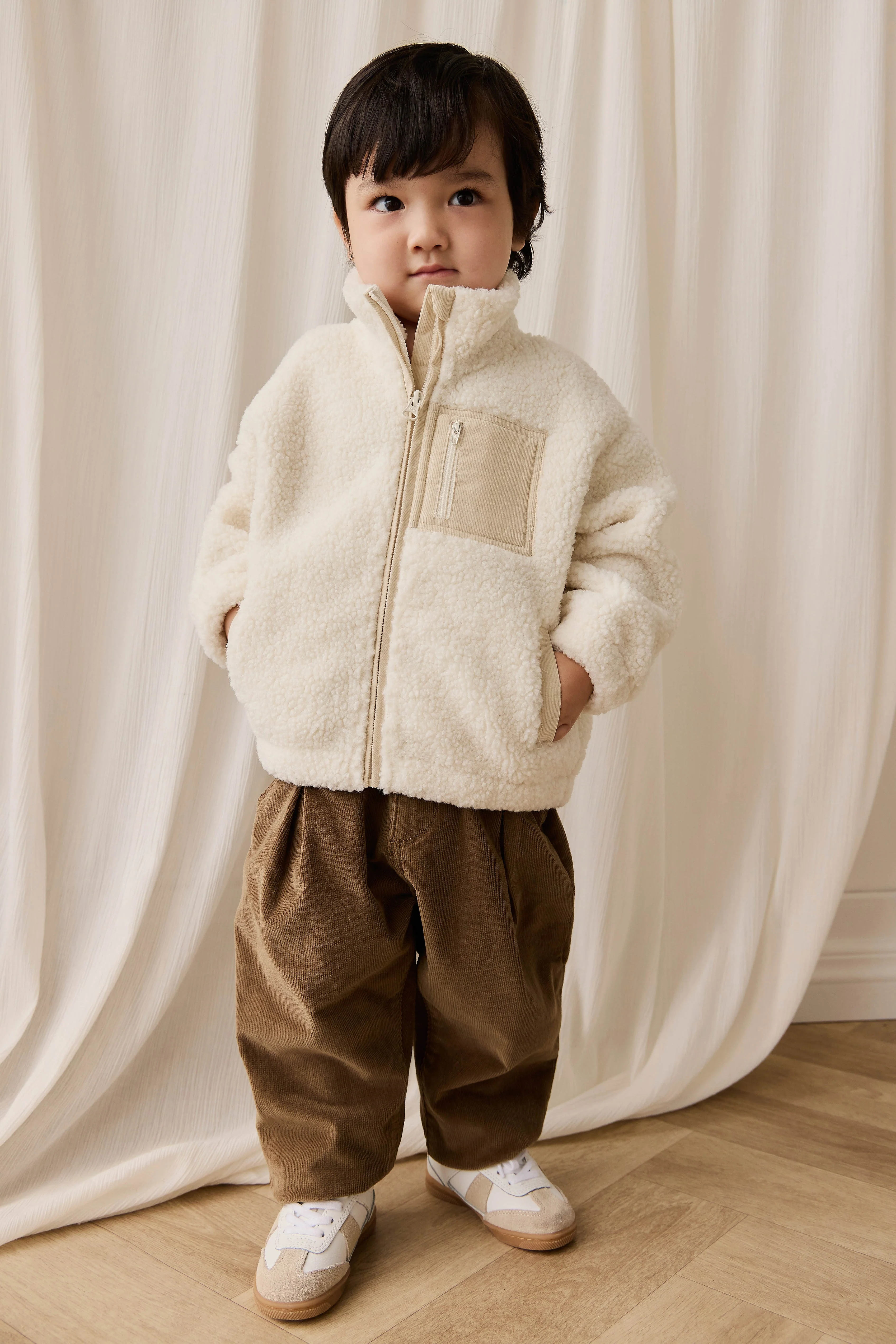 Cozy Natural Recycled Polyester Sherpa Fleece Jacket with High Collar & Zip Front for Cold Days 6M–8Y