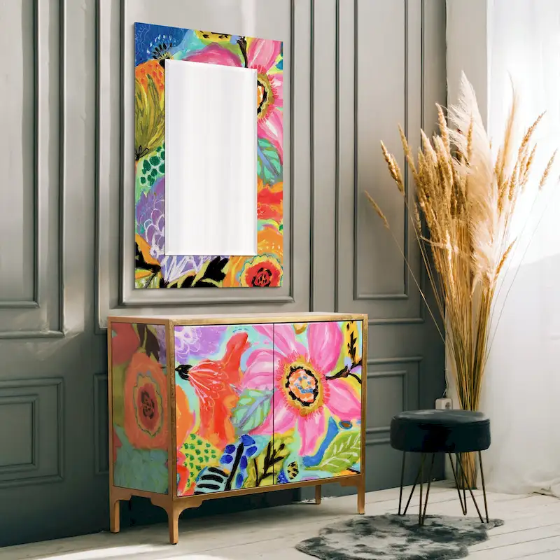 Secret Garden Floral Reverse Printed Beveled Art Glass Cabinet Console Table and Mirror