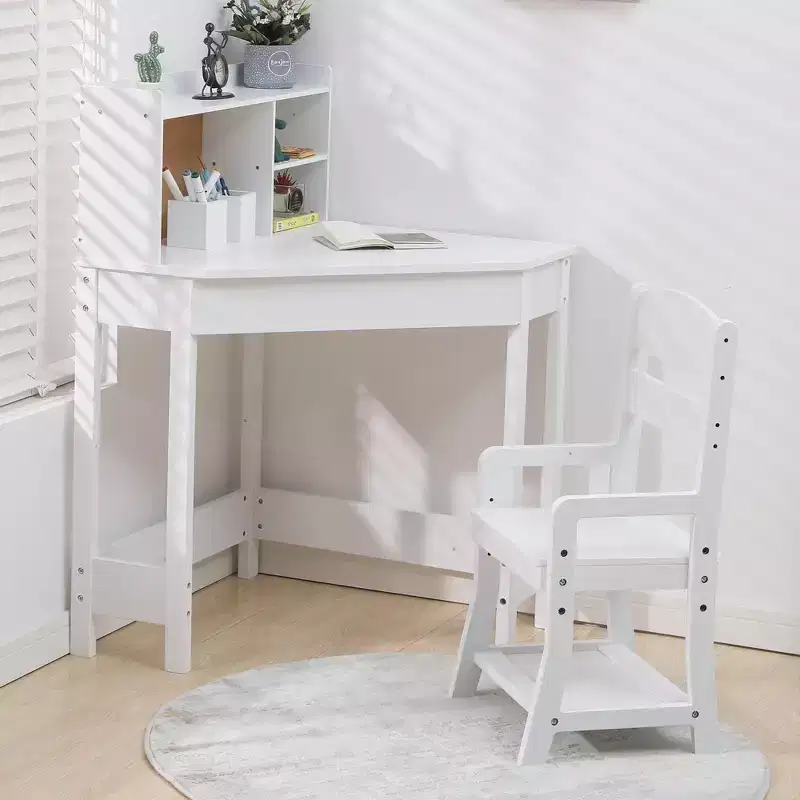 Wooden Kids Desk and Chair Set - Corner Study Table with Bookshelf, Bulletin Board & Pen Holder, Writing Desk for Boys and Girls Bedroom