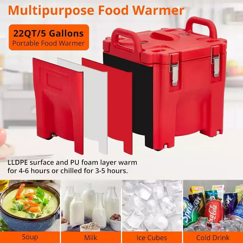 Insulated Food Carrier 22Qt Stackable Hot Box with Spoon and Wheels