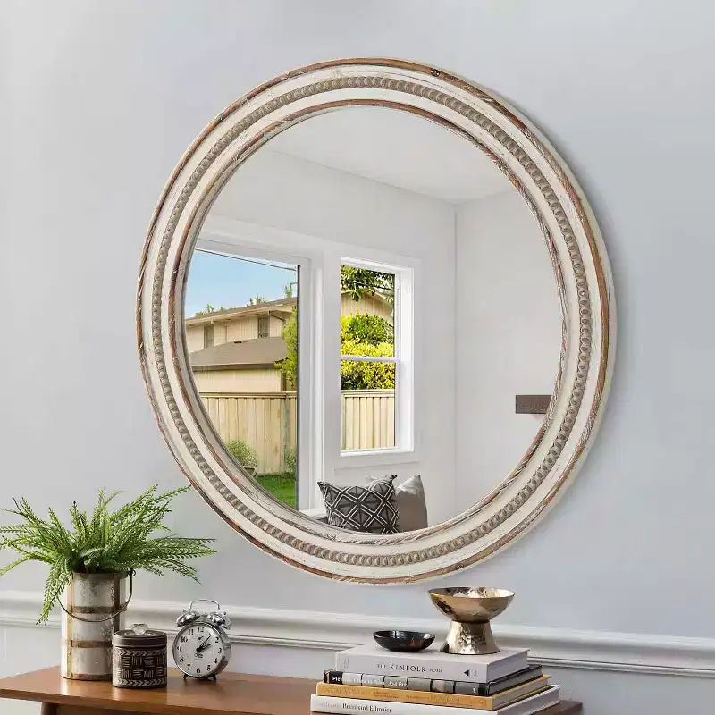 MAYEERTY 24 Round Wood Decorative Mirrors for Wall Decor, Rustic Circle Mirror for Bedroom Living Room Office with Beads