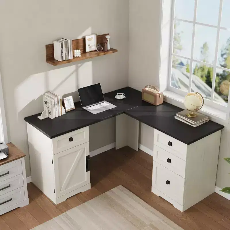 Farmhouse 60 Executive L Shaped Desk, with File Drawers and Storage Cabinet, Corner Computer Desk with Adjustable Side Storage Cabinet