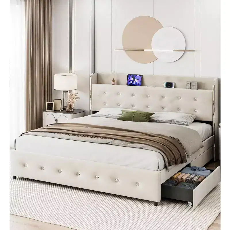 Bed Frame with 4 Storage Drawers, Velvet Upholstered Platform1000Lbs Support, BeigeFULL