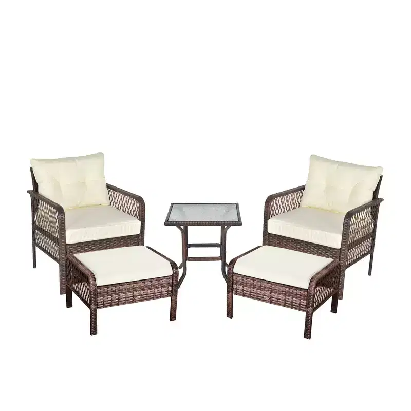 Outsunny 5-Piece Wicker Patio Armchair Set with Ottoman, Outdoor PE Rattan Furniture Set with Comfortable Zippered Cushions & Weather-Fighting Build