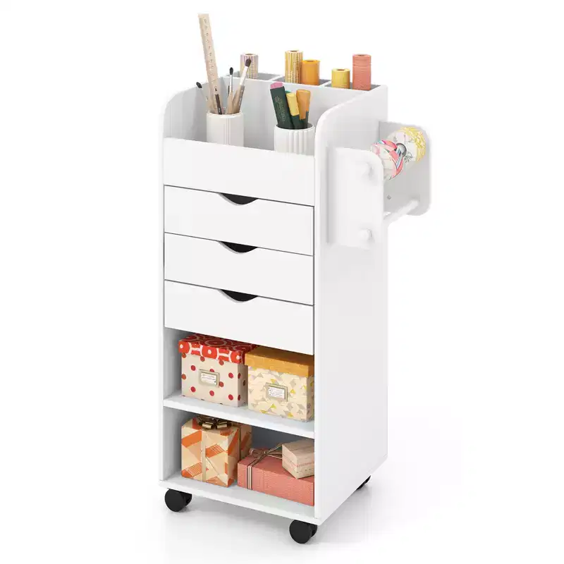 Costway Rolling Craft Storage Cart Wooden Utility Cart w/3 Drawers 3 Shelf&Slot 2 Dowels