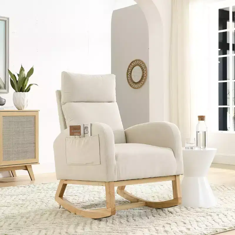 Beige/Gray/Ivory Velvet Rocking Armchair with Side Pockets, Single Seat