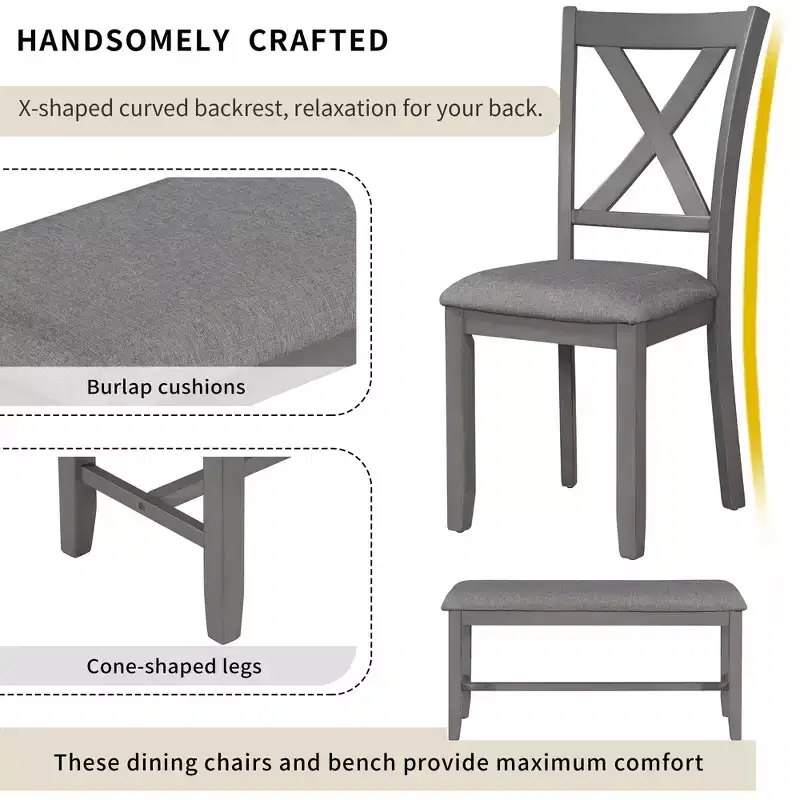 Whisen 6-Piece Wooden Rectangular Kitchen Dining Table Set with 4 Fabric Chairs and Bench