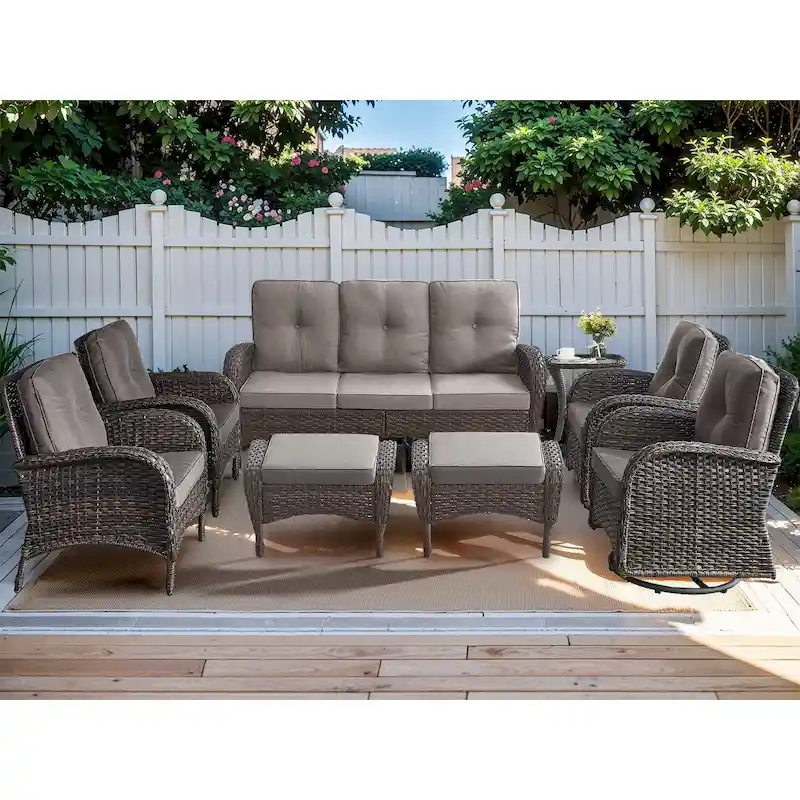 Patio 3-Seat Sofa, 2 Swivel Chairs, 2 Club Chairs, 2 Ottomans - Brown