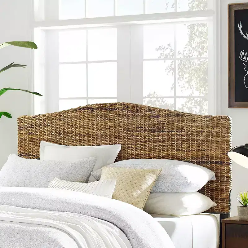 Queen Headboard Banana Leaf - Plywood & Wood Frame, Curved Design, Natural Finish