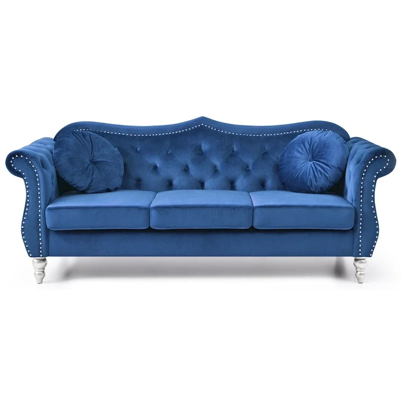 Hollywood 82 in. Velvet Chesterfield 3-Seater Sofa with 2-Throw Pillow - 82L x 35W x 34H