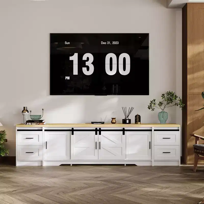 Famapy Modern Farmhouse - Style TV Console with Cross - Design Sliding Doors and Ample Storage - Ideal for Living Room Organization and Decor
