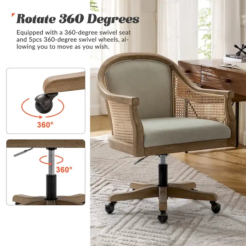 Danilo Farmhouse 360 Degree Swivel Height Adjustable Rattan Desk Chair with RubberWood by HULALA HOME